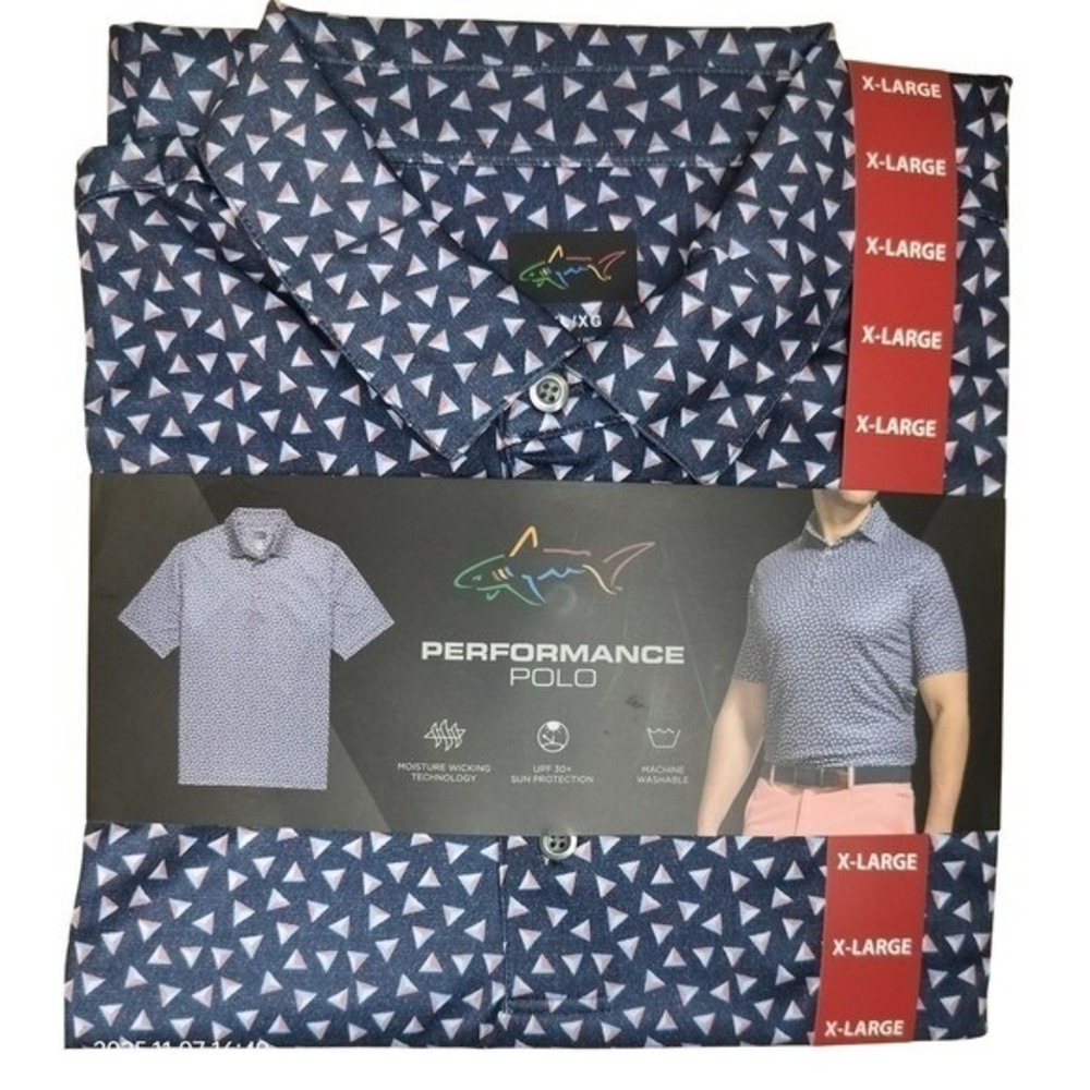 Greg Norman Mens XL Performance Polo Shirt Navy Geometric Triangle Print NWT